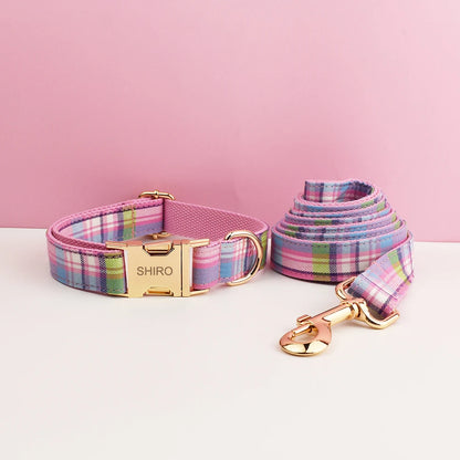 Plaid Dog Collar and Leash Set for Dogs Custom Engraved Nameplate Pet Supplies Dog Leash Grid 14