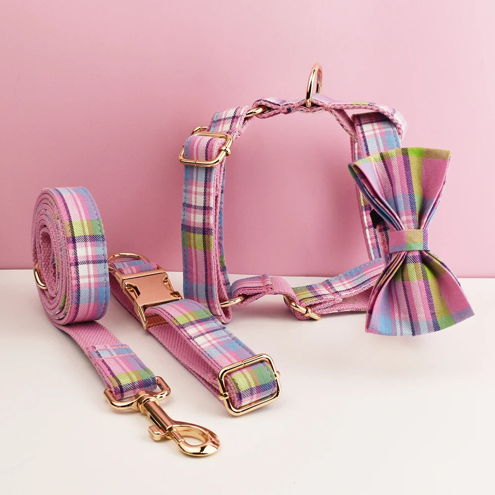 Plaid Dog Collar and Leash Set for Dogs Custom Engraved Nameplate Pet Supplies Dog Leash Grid 14