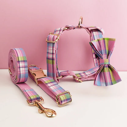 Plaid Dog Collar and Leash Set for Dogs Custom Engraved Nameplate Pet Supplies Dog Leash Grid 14