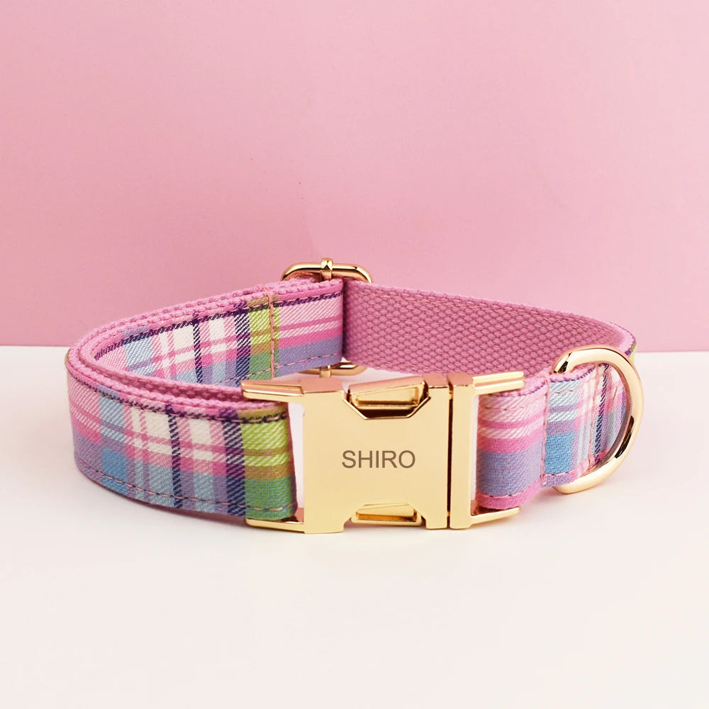 Plaid Dog Collar and Leash Set for Dogs Custom Engraved Nameplate Pet Supplies Dog Leash Grid 14