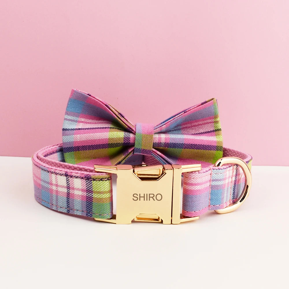 Plaid Dog Collar and Leash Set for Dogs Custom Engraved Nameplate Pet Supplies Dog Leash Grid 14