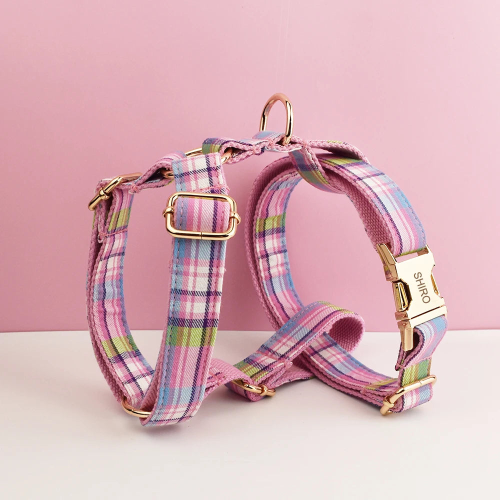 Plaid Dog Collar and Leash Set for Dogs Custom Engraved Nameplate Pet Supplies Dog Leash Grid 14