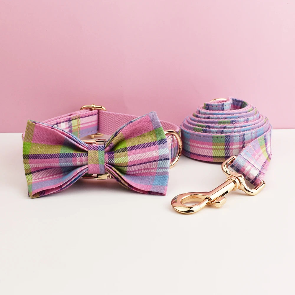 Plaid Dog Collar and Leash Set for Dogs Custom Engraved Nameplate Pet Supplies Dog Leash Grid 14