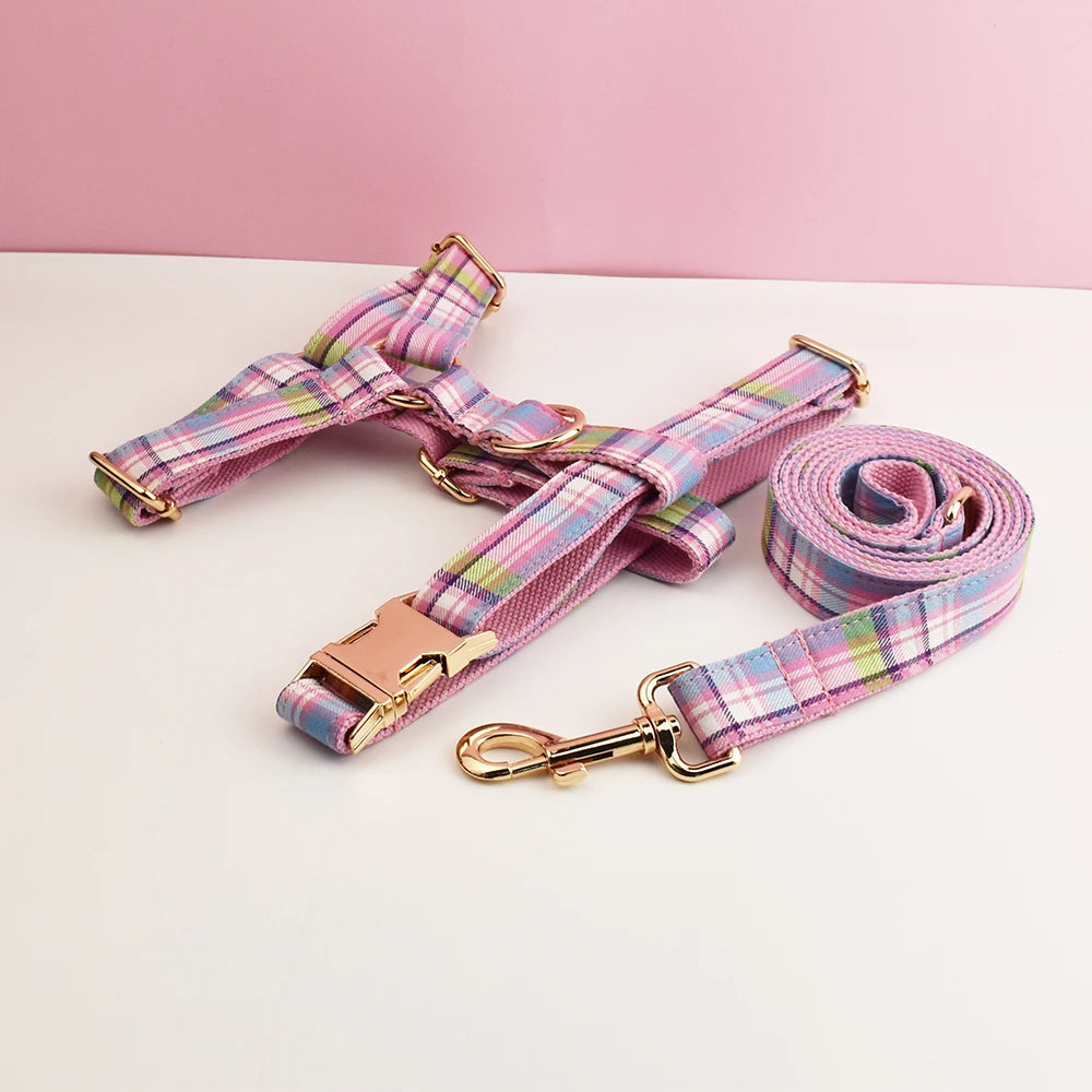 Plaid Dog Collar and Leash Set for Dogs Custom Engraved Nameplate Pet Supplies Dog Leash Grid 14